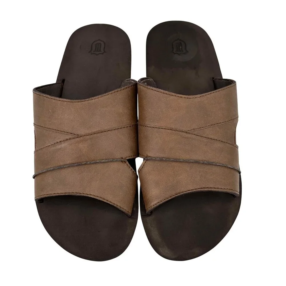 Mens Brown Leather Slide Sandals Size 12 With Rubber Soles